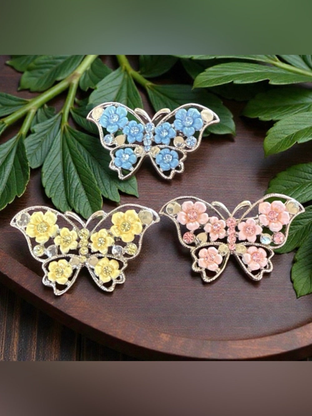 Vintage Enamel & Rhinestone Butterfly Brooches- Blue, Pink, & Yellow